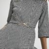 Black Dogtooth Print Belted Midi Dress