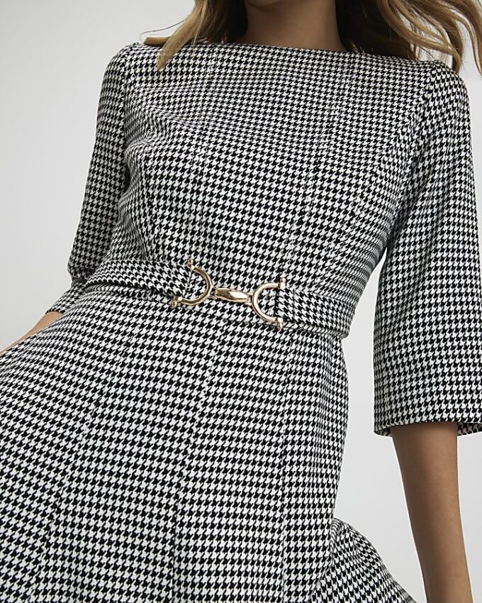 Black Dogtooth Print Belted Midi Dress