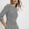 Black Dogtooth Print Belted Midi Dress