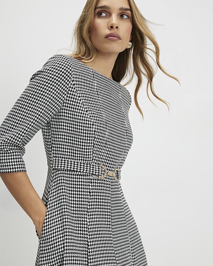 Black Dogtooth Print Belted Midi Dress