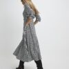 Black Dogtooth Print Belted Midi Dress
