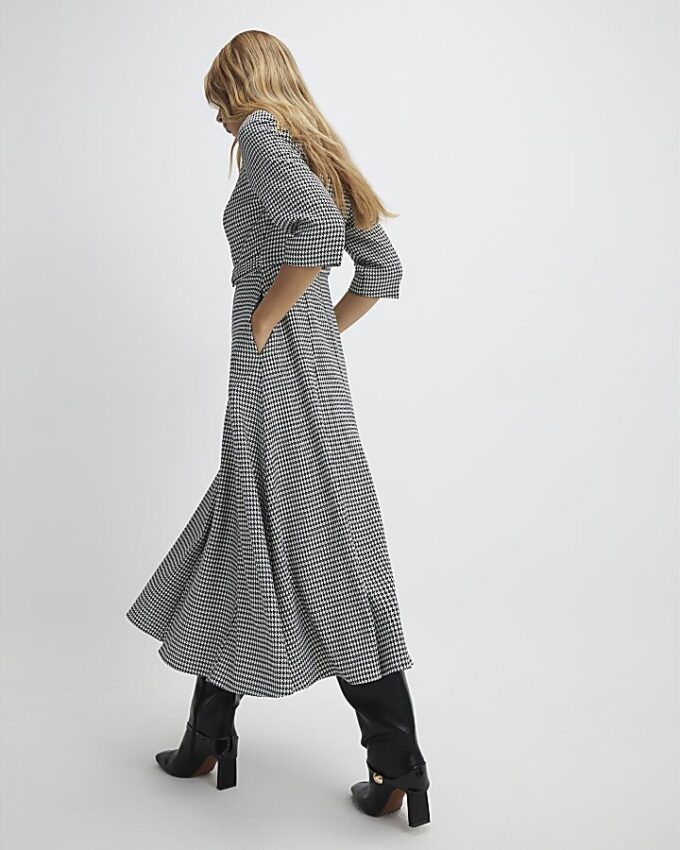 Black Dogtooth Print Belted Midi Dress