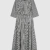 Black Dogtooth Print Belted Midi Dress