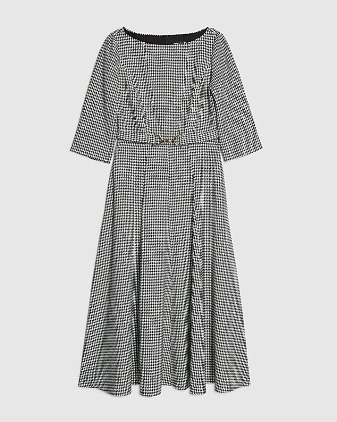 Black Dogtooth Print Belted Midi Dress