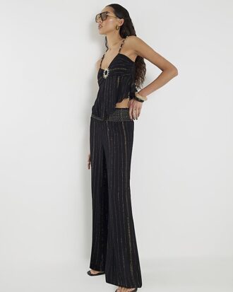 Black Embellished Stripe Beach Trousers