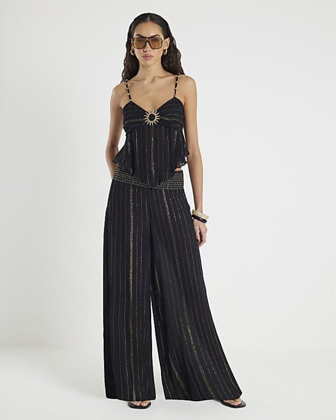 Black Embellished Stripe Beach Trousers