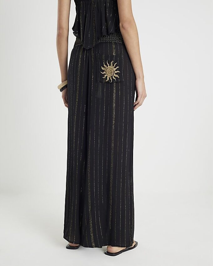 Black Embellished Stripe Beach Trousers