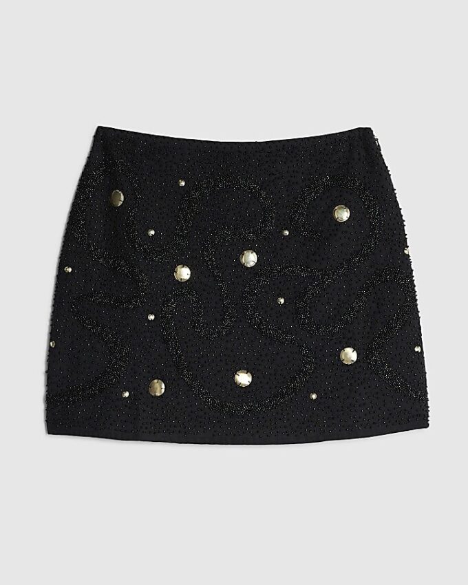 Black Embellished Studded Mini Beach Skirt