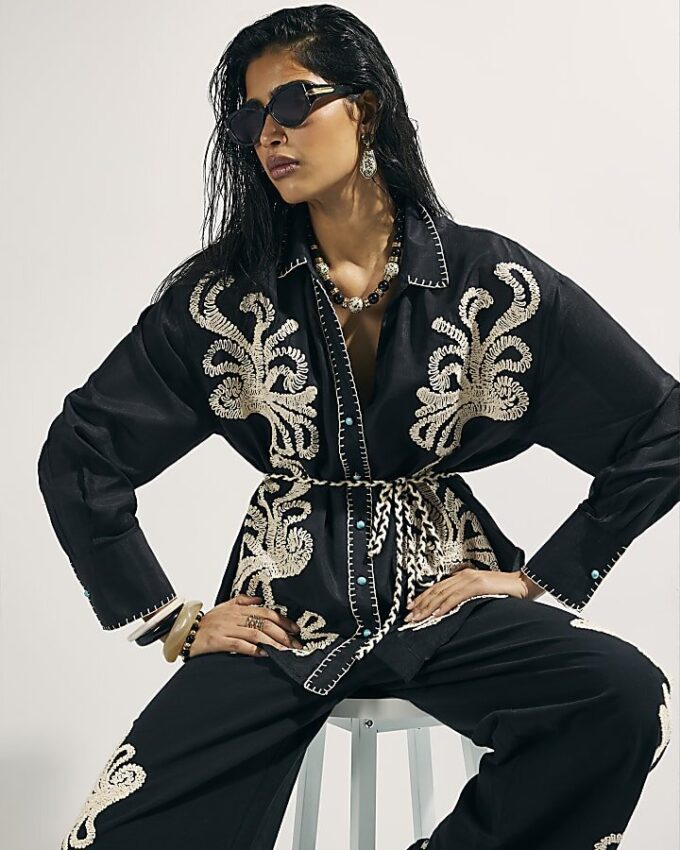 Black Embroidered Beach Shirt