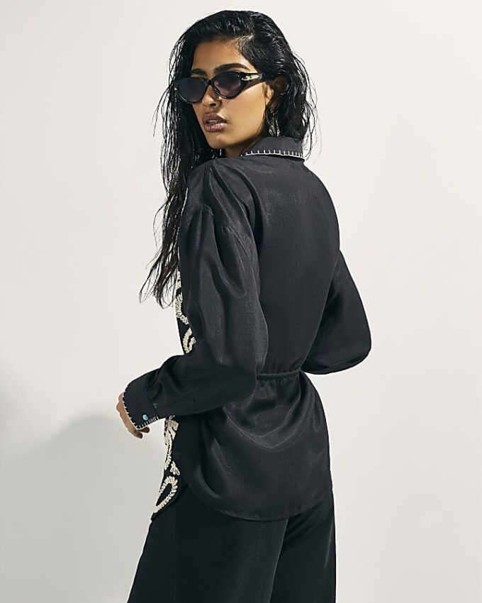 Black Embroidered Beach Shirt