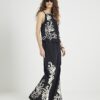 Black Embroidered Wide Leg Trousers