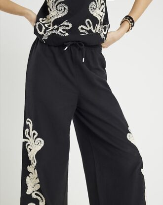 Black Embroidered Wide Leg Trousers