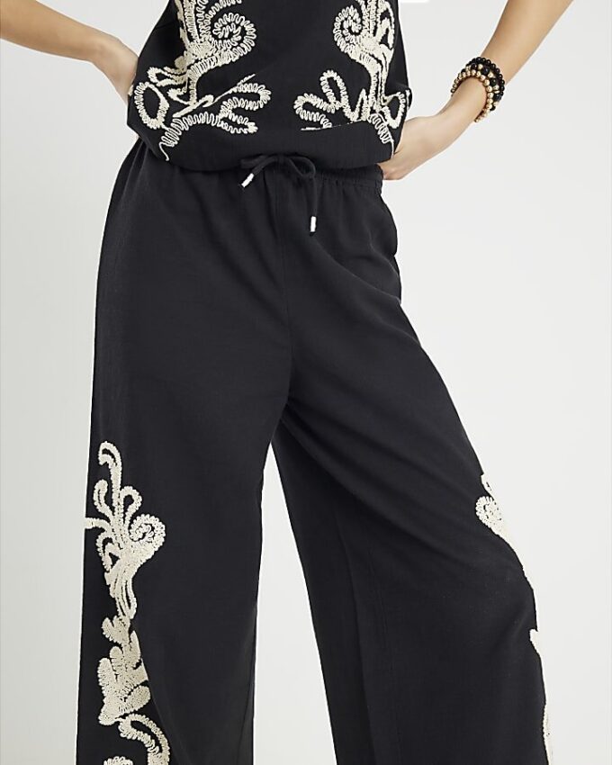 Black Embroidered Wide Leg Trousers
