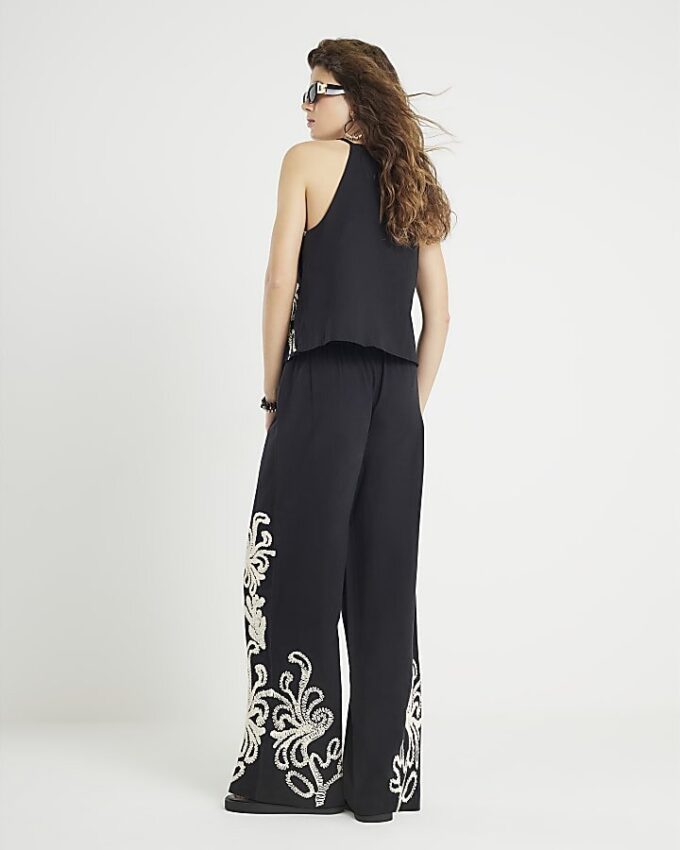 Black Embroidered Wide Leg Trousers