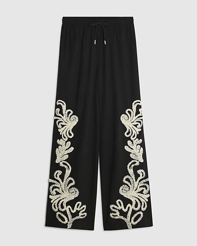 Black Embroidered Wide Leg Trousers