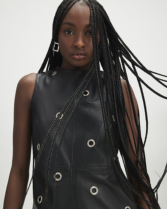 Black Eyelet Stud Leather Dress