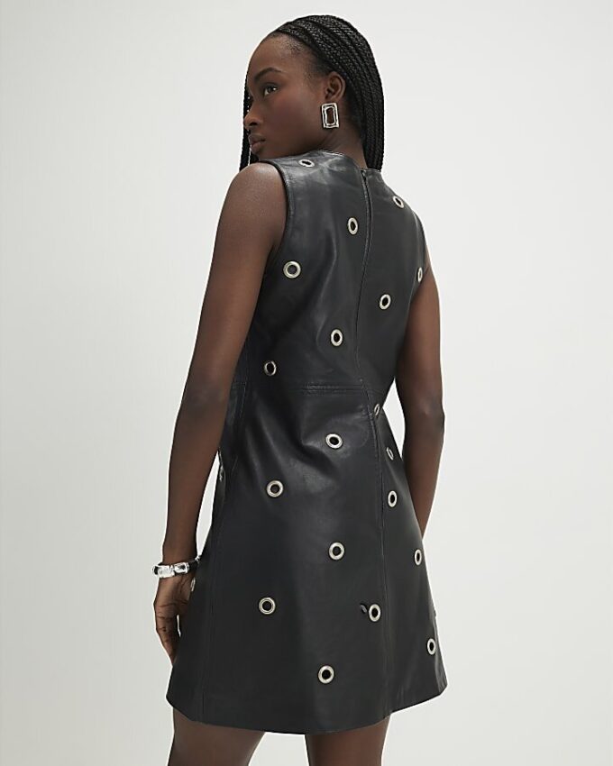 Black Eyelet Stud Leather Dress