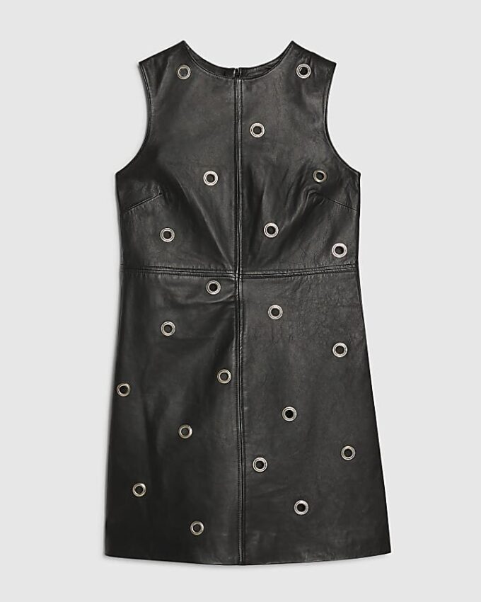 Black Eyelet Stud Leather Dress