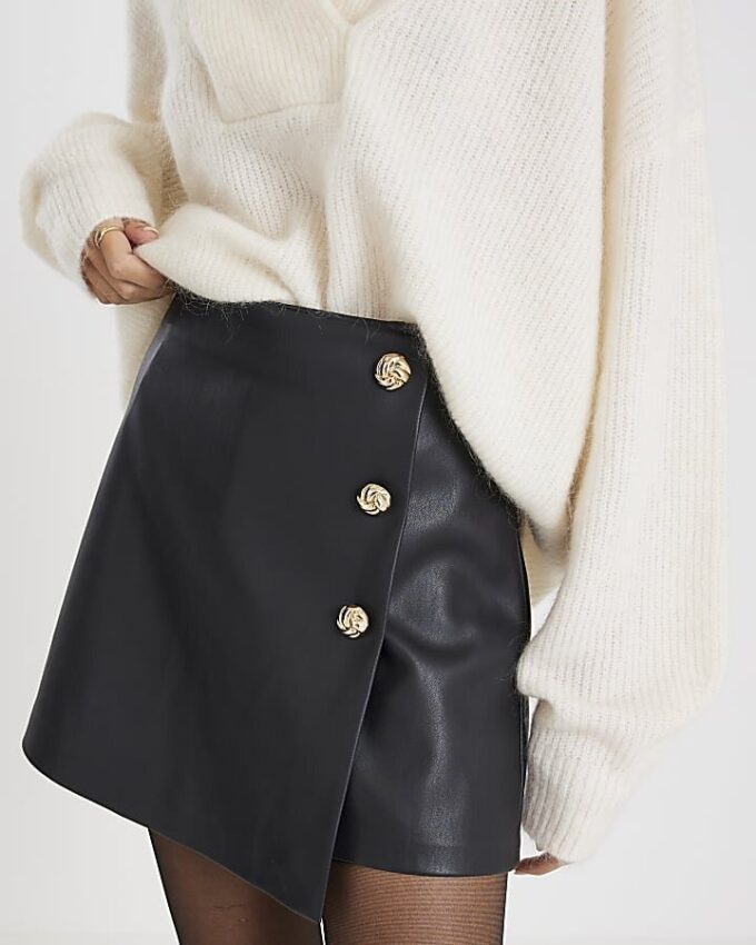 Black Faux Leather Asymmetric Skort