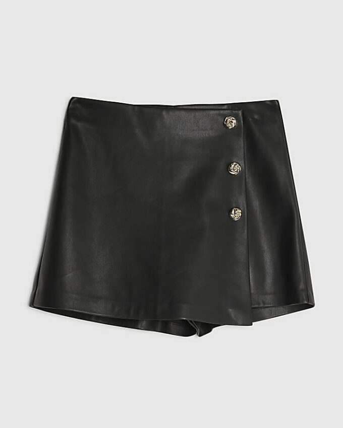 Black Faux Leather Asymmetric Skort