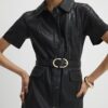 Black Faux Leather Belted Mini Shirt Dress