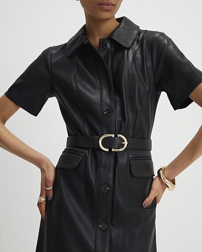 Black Faux Leather Belted Mini Shirt Dress