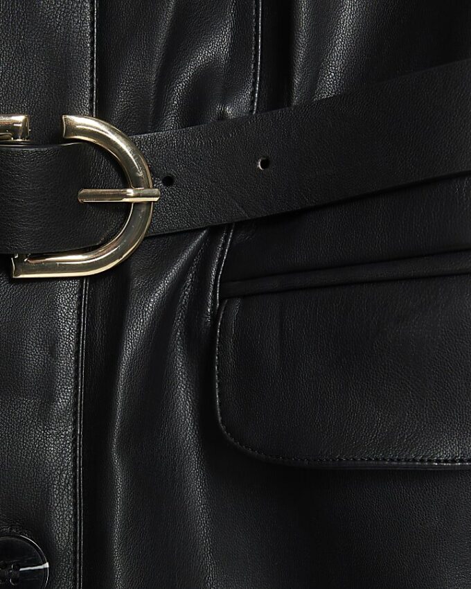Black Faux Leather Belted Mini Shirt Dress