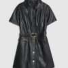Black Faux Leather Belted Mini Shirt Dress