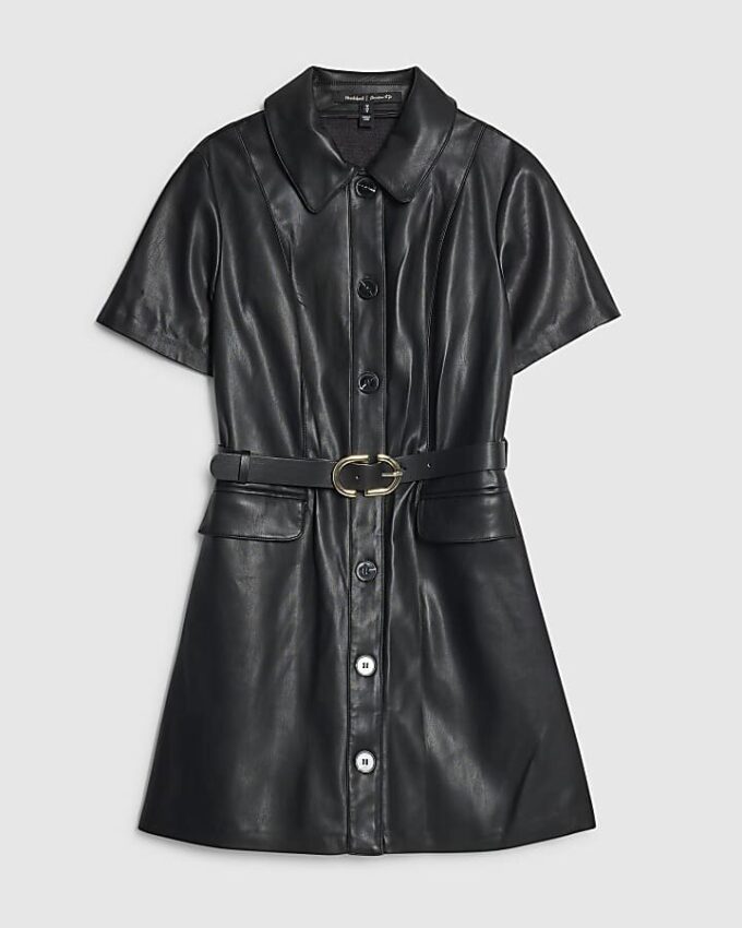 Black Faux Leather Belted Mini Shirt Dress