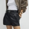 Black Faux Leather Belted Short
