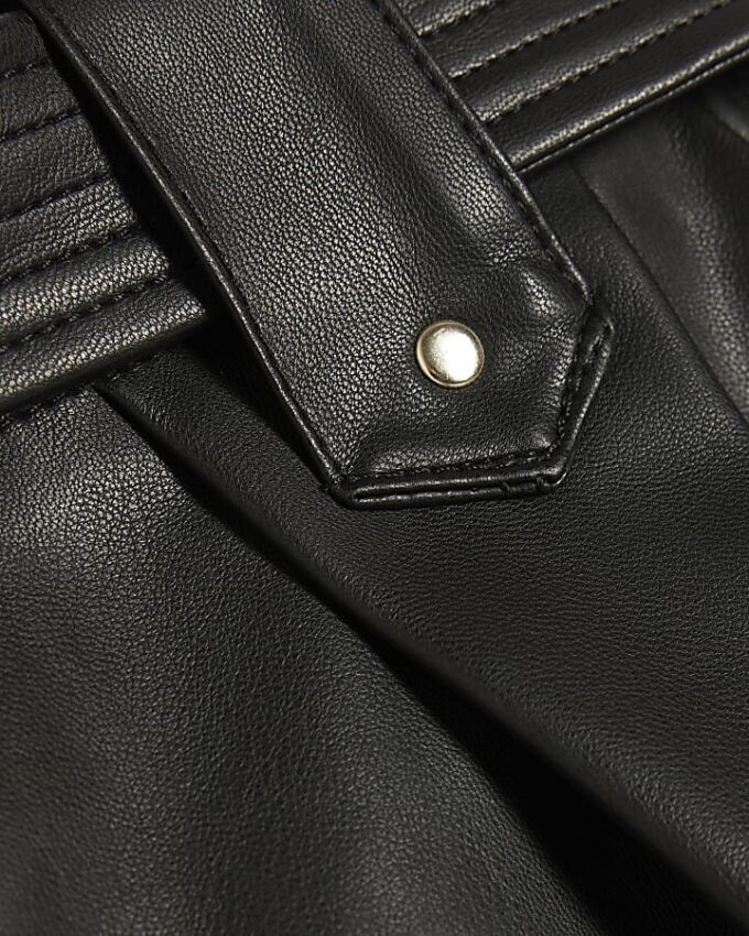 Black Faux Leather Belted Short