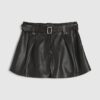 Black Faux Leather Belted Short