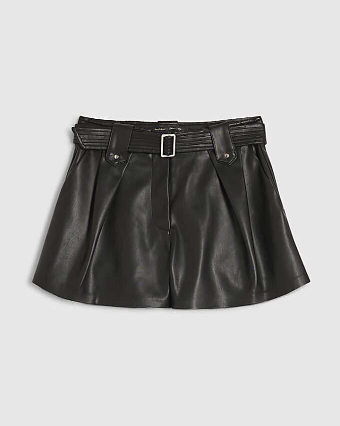 Black Faux Leather Belted Short