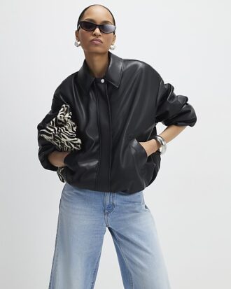 Black Faux Leather Bubble Hem Bomber Jacket