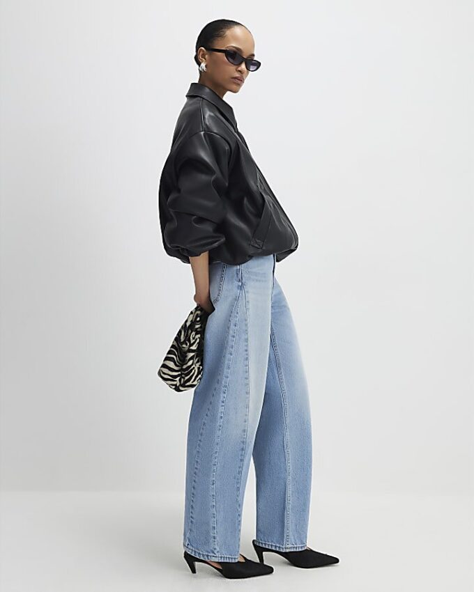 Black Faux Leather Bubble Hem Bomber Jacket