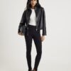 Black Faux Leather Bubble Hem Bomber Jacket