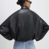 Black Faux Leather Bubble Hem Bomber Jacket