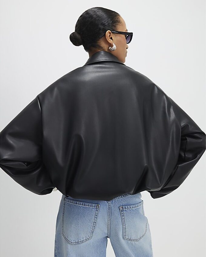 Black Faux Leather Bubble Hem Bomber Jacket