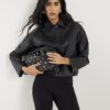 Black Faux Leather Bubble Hem Bomber Jacket