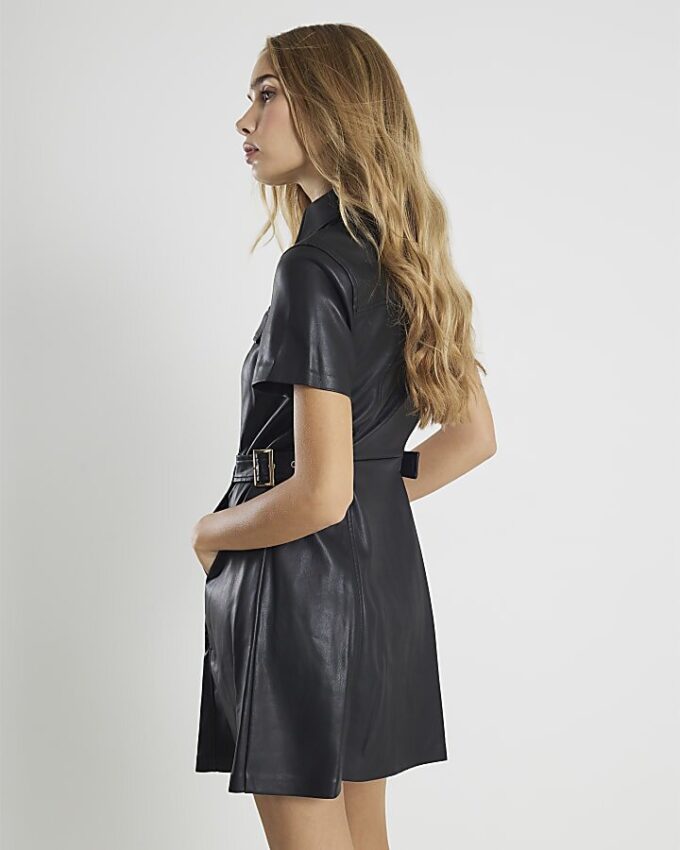 Black Faux Leather Buckle Waist Mini Dress