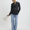 Black Faux Leather Collarless Blazer