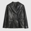 Black Faux Leather Collarless Blazer