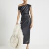 Black Faux Leather Drape Midi Dress