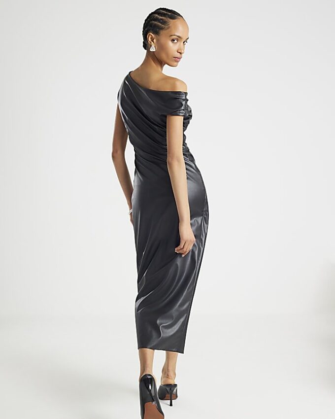 Black Faux Leather Drape Midi Dress
