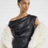 Black Faux Leather Drape Midi Dress