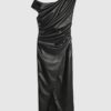 Black Faux Leather Drape Midi Dress