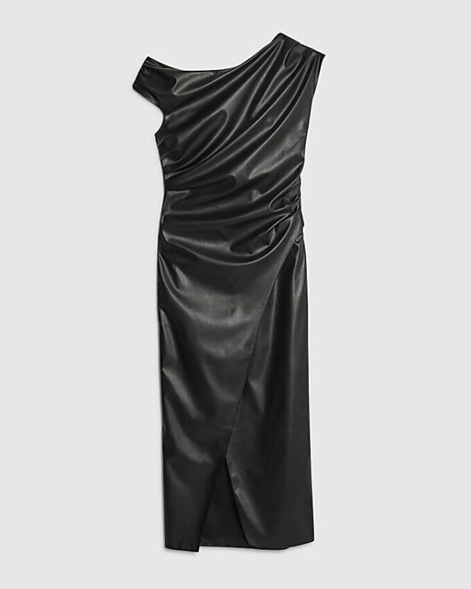 Black Faux Leather Drape Midi Dress