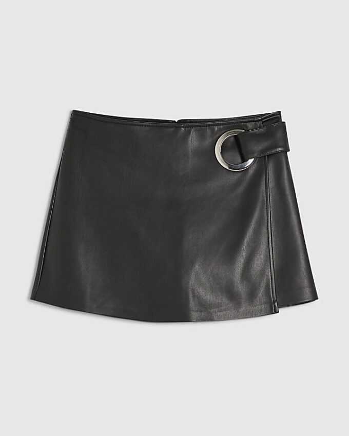 Black Faux Leather Eyelet Wrap Skort
