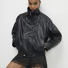 Black Faux Leather Funnel Neck Biker Jacket Black Faux Leather Funnel Neck Biker Jacket