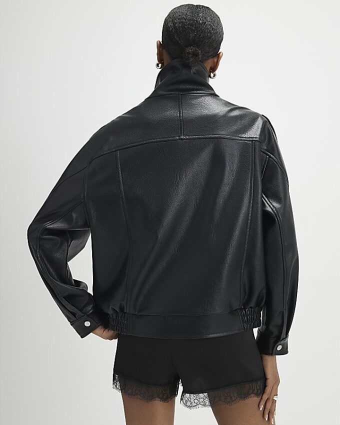 Black Faux Leather Funnel Neck Biker Jacket Black Faux Leather Funnel Neck Biker Jacket